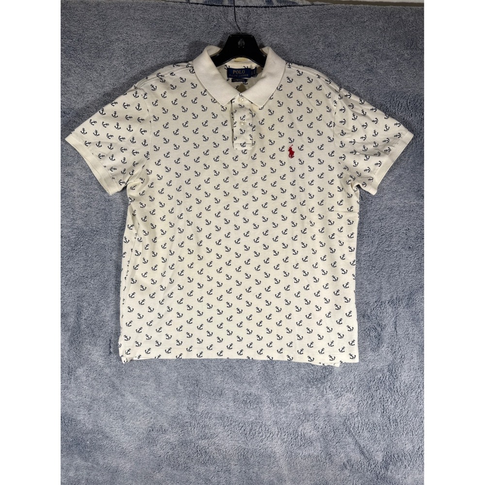 Polo Ralph Lauren Mens Custom Slim Fit Anchor‎ Print Polo Shirt White Large 9153